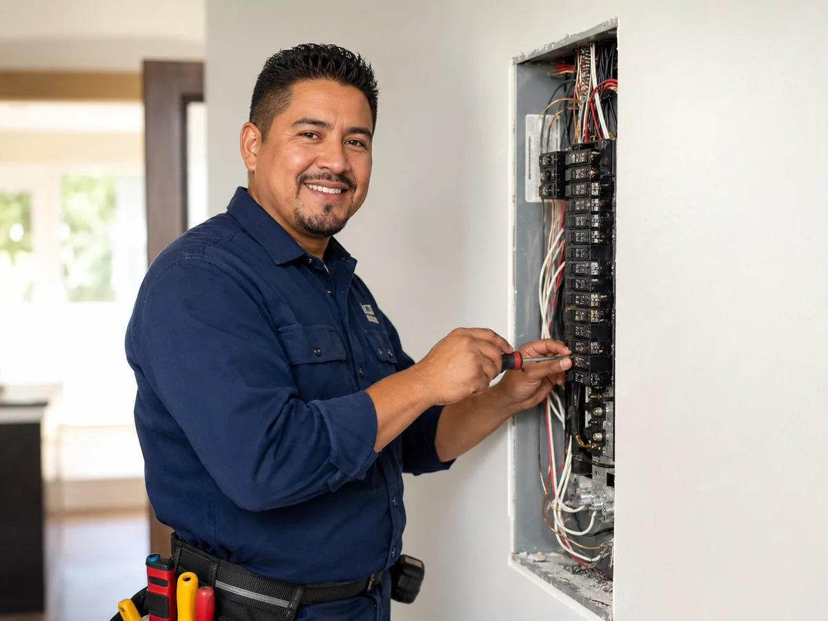 Latino electrician working at a breaker panel