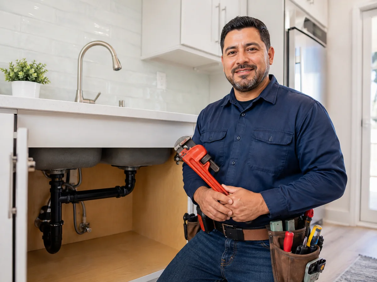 Latino plumber beside a kitchen sink